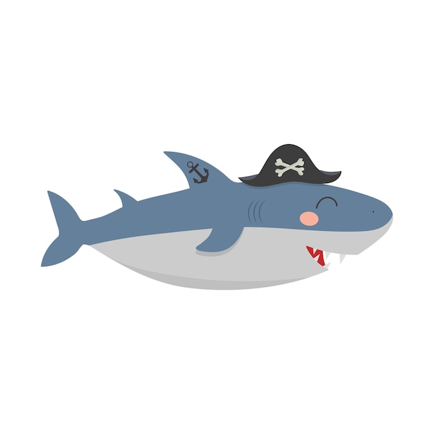 Cartoon cute shark pirate in a hat with an anchor tattoo on the fin