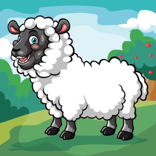 Cartoon cute sheep isolated in beautiful farm garden