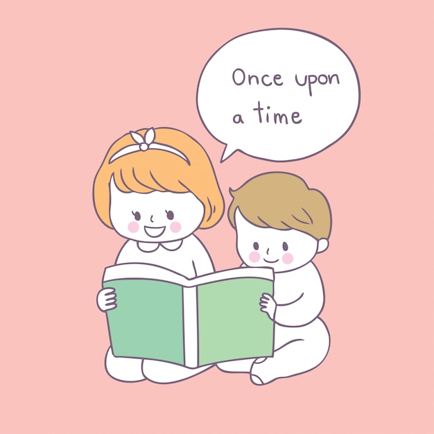 Cartoon cute sister and brother reading book vector.