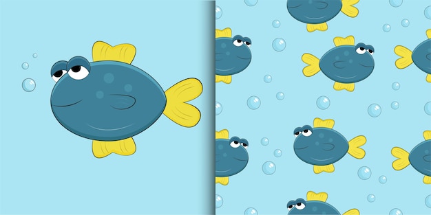 Cartoon cute smile fish with yellow tail and funs plus pattern