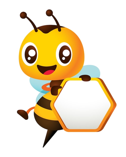 Cartoon cute smiling honey bee pointing finger on empty honeycomb shaped signboard vector character