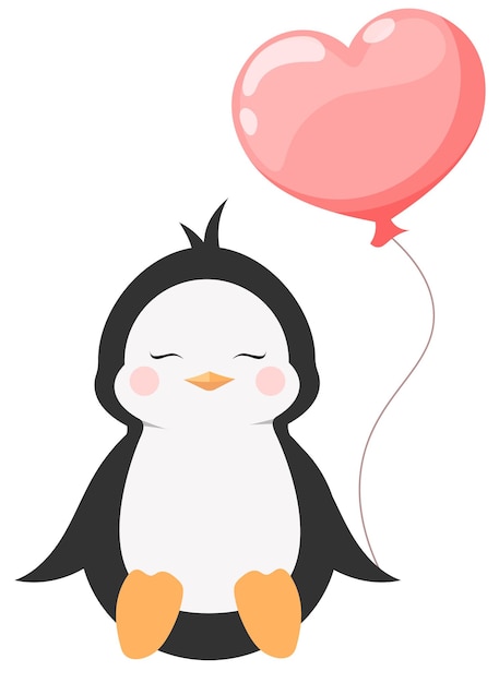 Cartoon cute smiling penguin with heart ball on transparent background