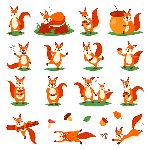 Cartoon cute squirrels. Little funny squirrels.  on a white isolated background.