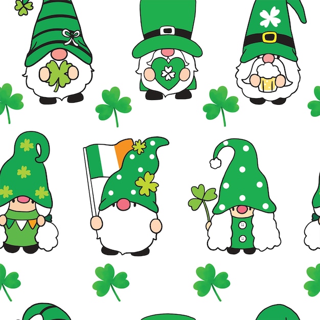 Cartoon cute St patrick's day Gnome character seamless pattern.