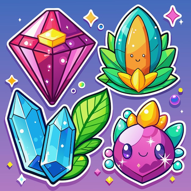 Cartoon cute sticker set of gems leaves and characters