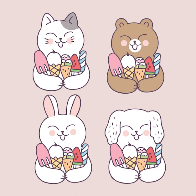 Cartoon cute summer animals and ice cream 