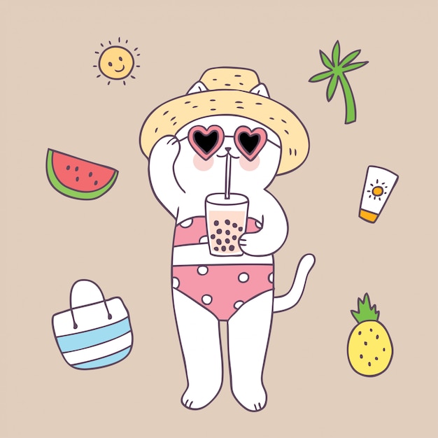 Cartoon cute summer cat on beach