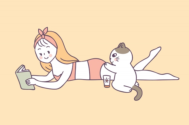 Cartoon cute summer woman and cat 