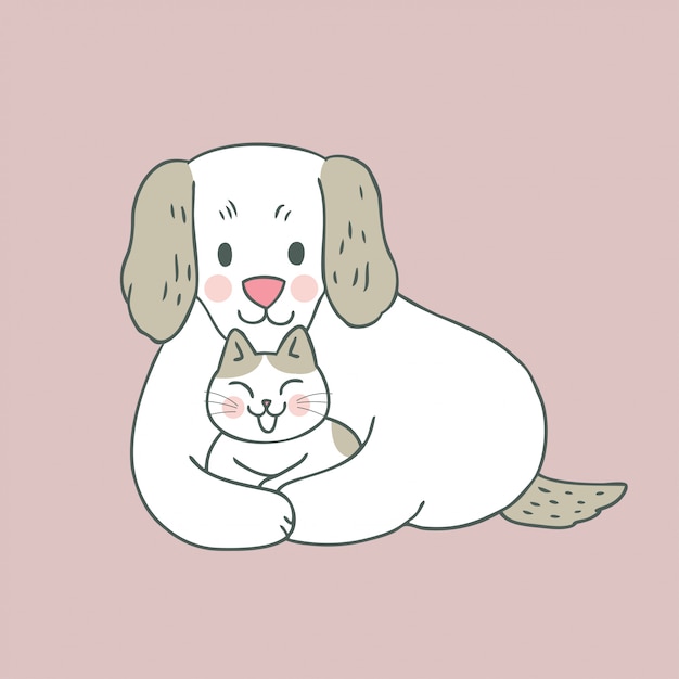 Cartoon cute sweet cat and dog