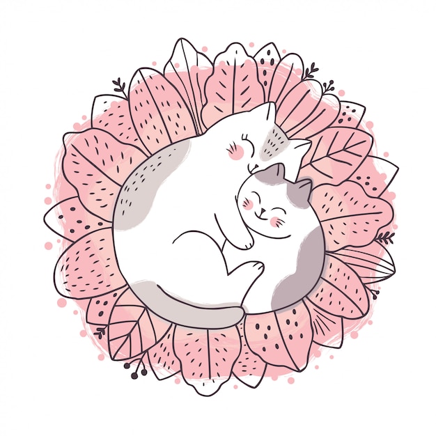 Cartoon cute sweet dream, Mother and baby cat sleeping on leaf