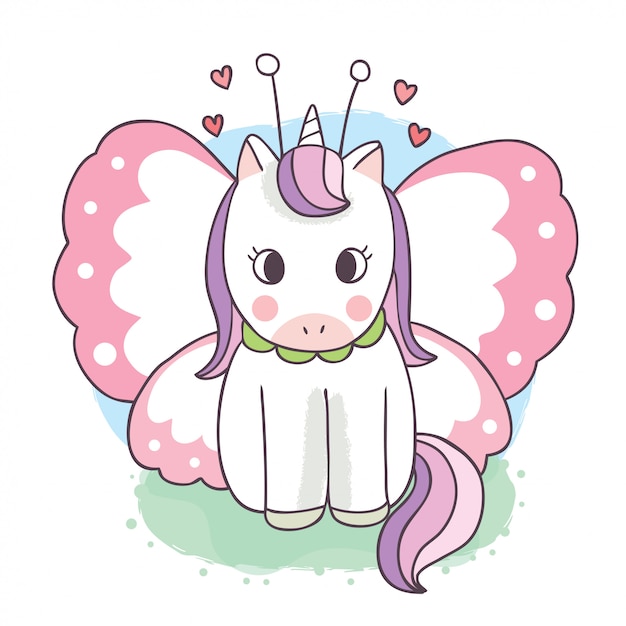 Cartoon cute sweet unicorn and wing butterfly