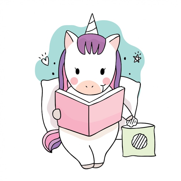 Cartoon cute sweet unicorns reading book .