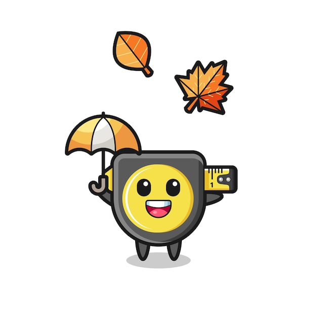 Cartoon of the cute tape measure holding an umbrella in autumn