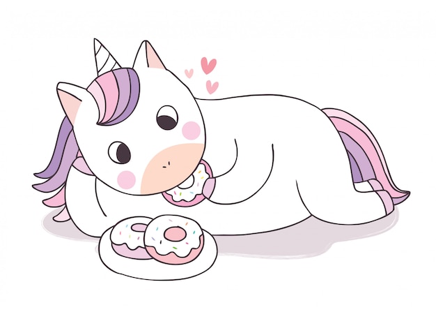 Cartoon cute Unicorn eating sweet dessert