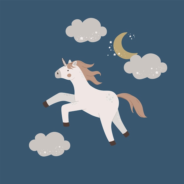 Cartoon cute unicorn fly in sky Magic horn witn moon and stars vector illustration