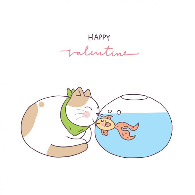 Cartoon cute Valentines day cat and fish vector.