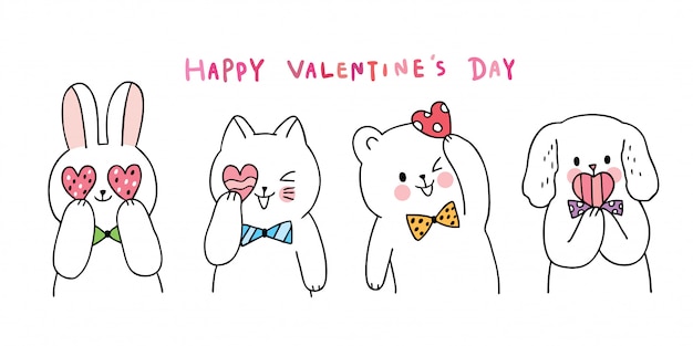 Cartoon cute Valentines day  cat and rabbit and dog and bear and hearts