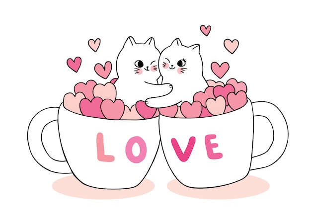 Cartoon cute Valentines day lover cats and hearts  in cup coffee  vector.