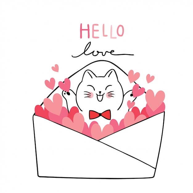 Cartoon cute Valentines day white cats and many hearts in letter vector.