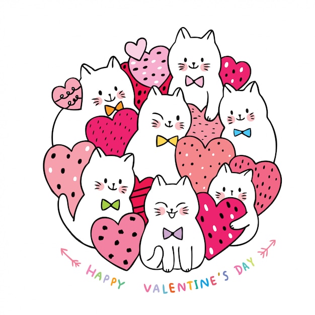 Cartoon cute Valentines day white cats and many hearts vector.