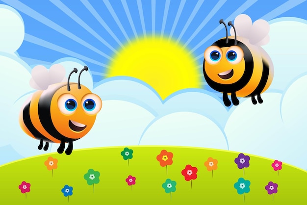 cartoon cute vector bee Sun flowers trees and cloudy sky on green hill cartoon art