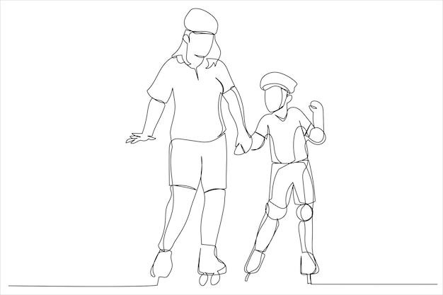 Cartoon of Dad with his little daughter on the rollerblades skates Single continuous line art style