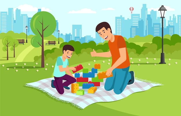 Cartoon dad with son in park collect constructor.