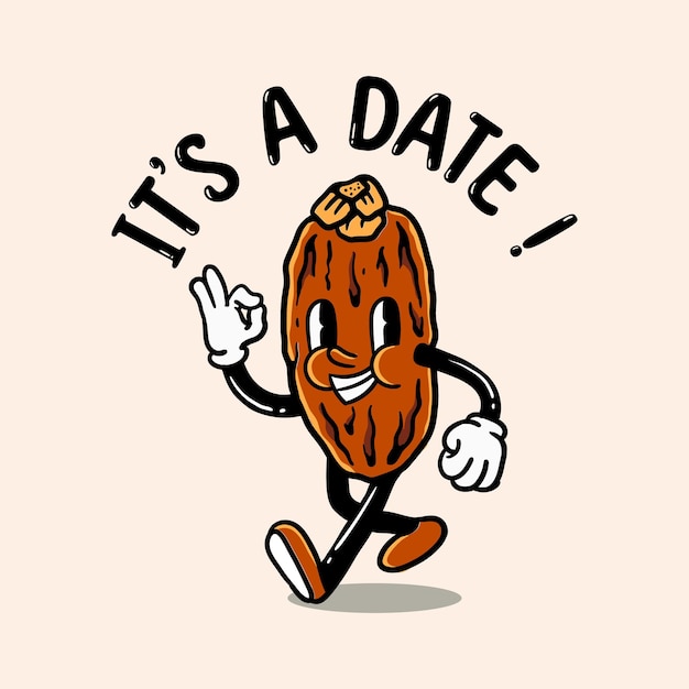 cartoon date fruit character illustration in vintage style on light brown background