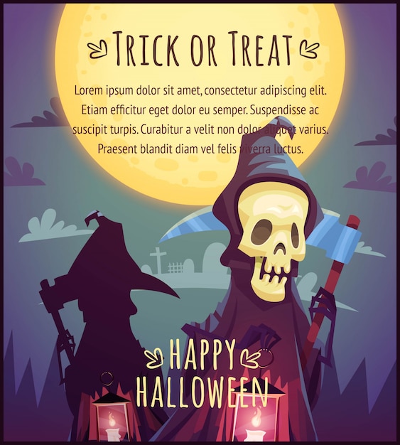 Cartoon Death with scythe and glowing lamp on full moon sky background Happy Halloween poster Trick or treat greeting card  illustration