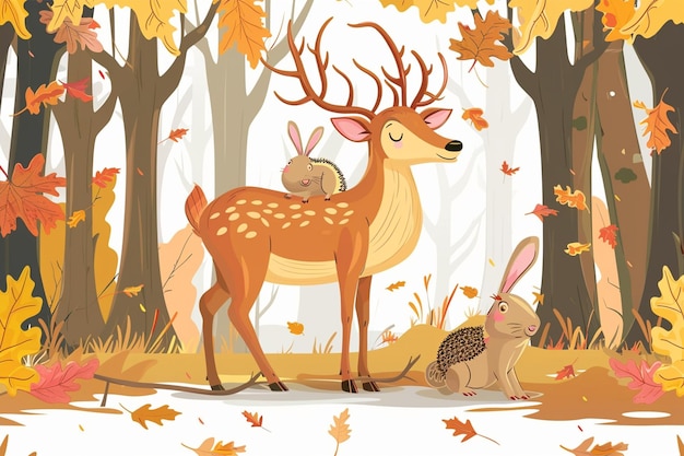 Cartoon Deer and Rabbit in Forest