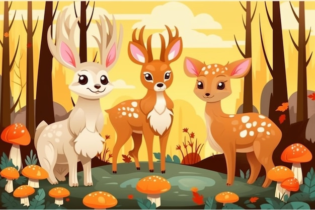 Cartoon Deer Rabbit and Hedgehog in Autumn Forest