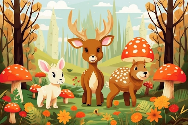 Cartoon Deer Rabbit and Hedgehog in Autumn Forest