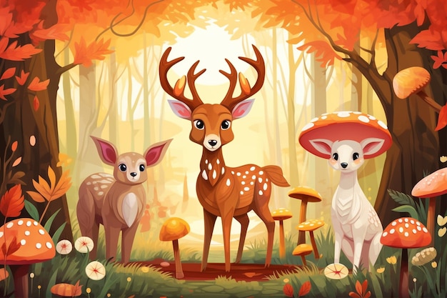 Cartoon Deer Rabbit and Hedgehog in Autumn Forest