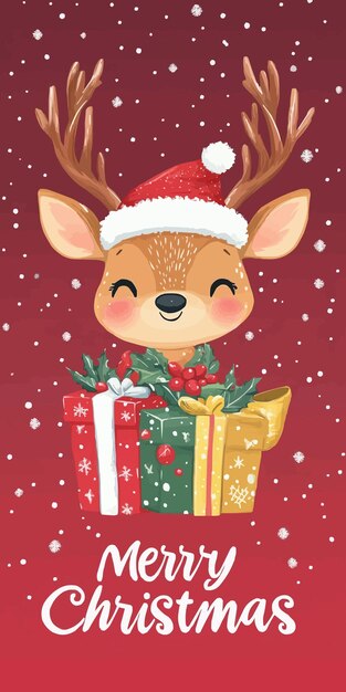 Vector cartoon of a deer with a christmas hat on it and presents on red background