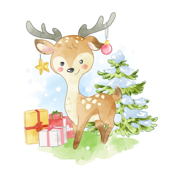 cartoon deer with presents illustration