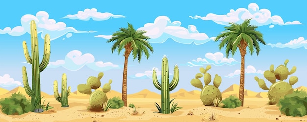 Vector cartoon desert landscape with cactus hills sky palms mountains silhouettes vector horizontal panorama background