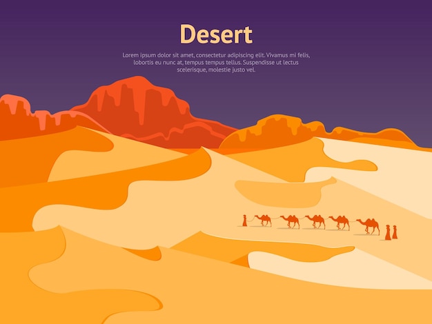 Cartoon Desert with Silhouettes Camels and People Card Poster Vector