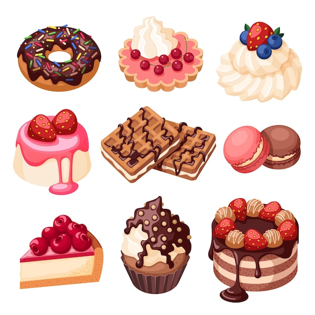 Cartoon dessert set Cake desserts candies and sweet cupcake Fresh fruits and berry on cream bakery macaroons food garish vector collection