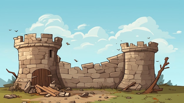 Vector a cartoon of a destroyed castle with a broken fence and a few broken windows