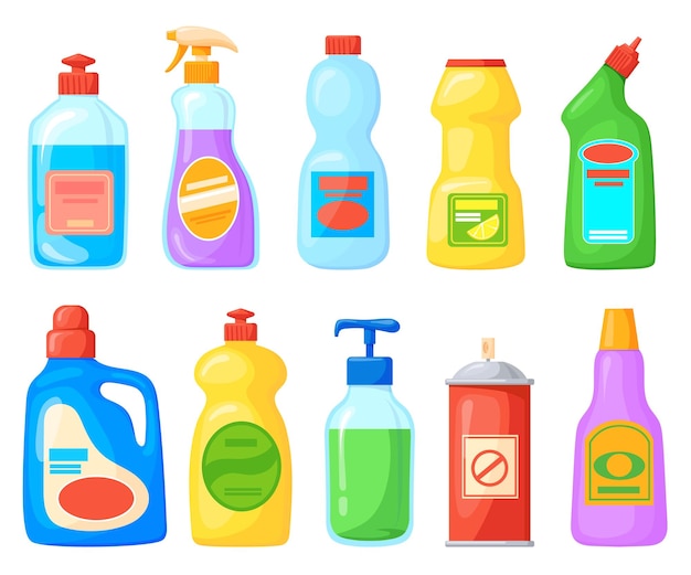 Cartoon detergent bottles Cleaner product chemical cleanup bathroom toilet home clean tool household soap bleach softener liquid cleanser for care kitchen washing