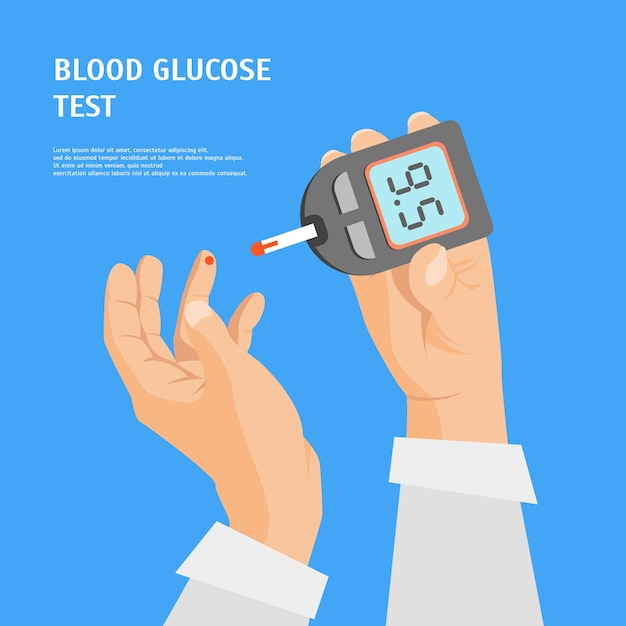 Cartoon Diabetes Concept Human Hands Holding Glucometer Card Poster Vector