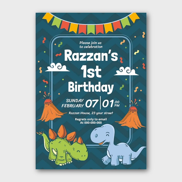 Vector cartoon dinosaur birthday invitation template