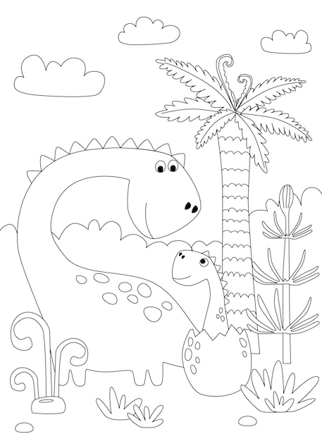 Cartoon dinosaur Diplodocus and little dino Black and white vector illustration for coloring book