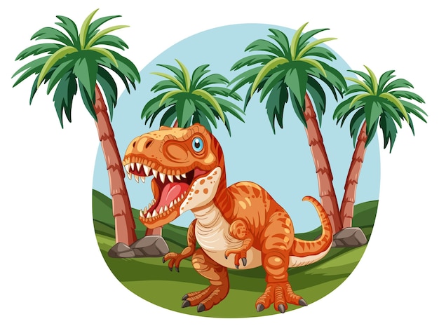 Vector cartoon dinosaur in prehistoric jungle