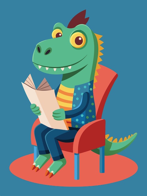 a cartoon of a dinosaur reading a book with a book in his hand