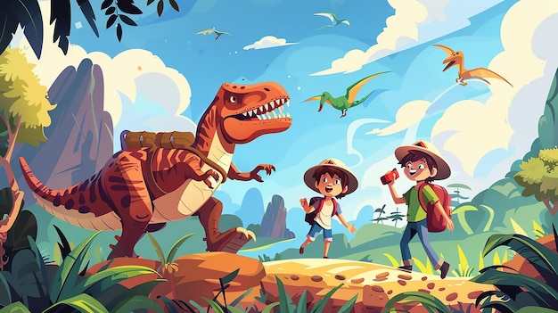 a cartoon of a dinosaur with a child and a boy walking with a dragon