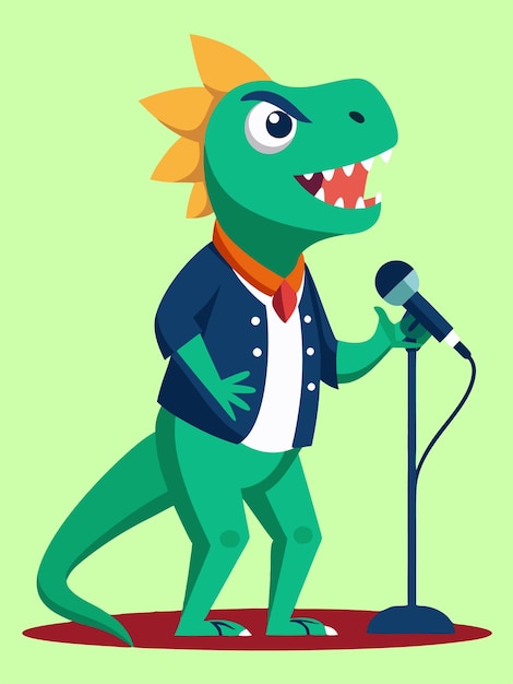 a cartoon of a dinosaur with a microphone and a cartoon character wearing a jacket