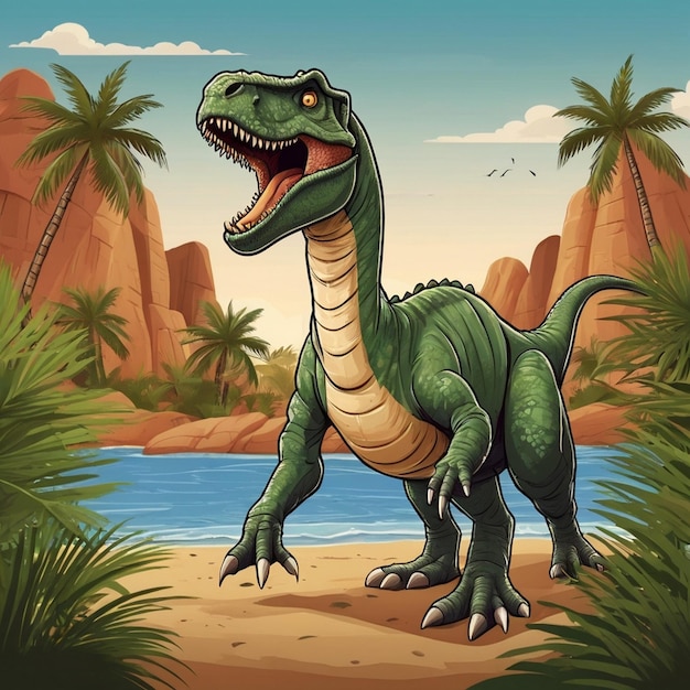 a cartoon of a dinosaur with palm trees in the background