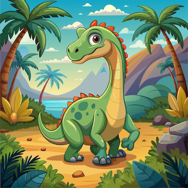 Vector a cartoon dinosaur with palm trees and mountains in the background