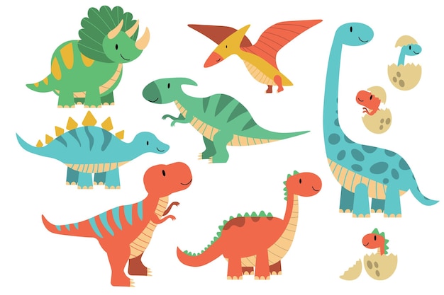 Cartoon dinosaurs Baby dino prehistoric animals Cute dinosaur jurassic period animal stegosaurus brachiosaurus trex and pterosaurs EPS